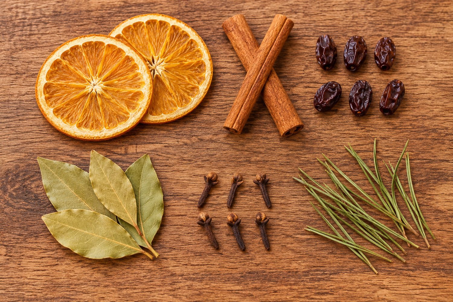 Dried orange slices, cinnamon sticks, cranberries, bay leaves, cloves and pine needles laid out on a wooden board