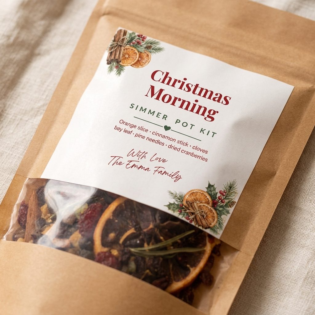 Close-up of a kraft pouch label reading Christmas Morning, Simmer Pot Kit, with the ingredient list and a personalised family name