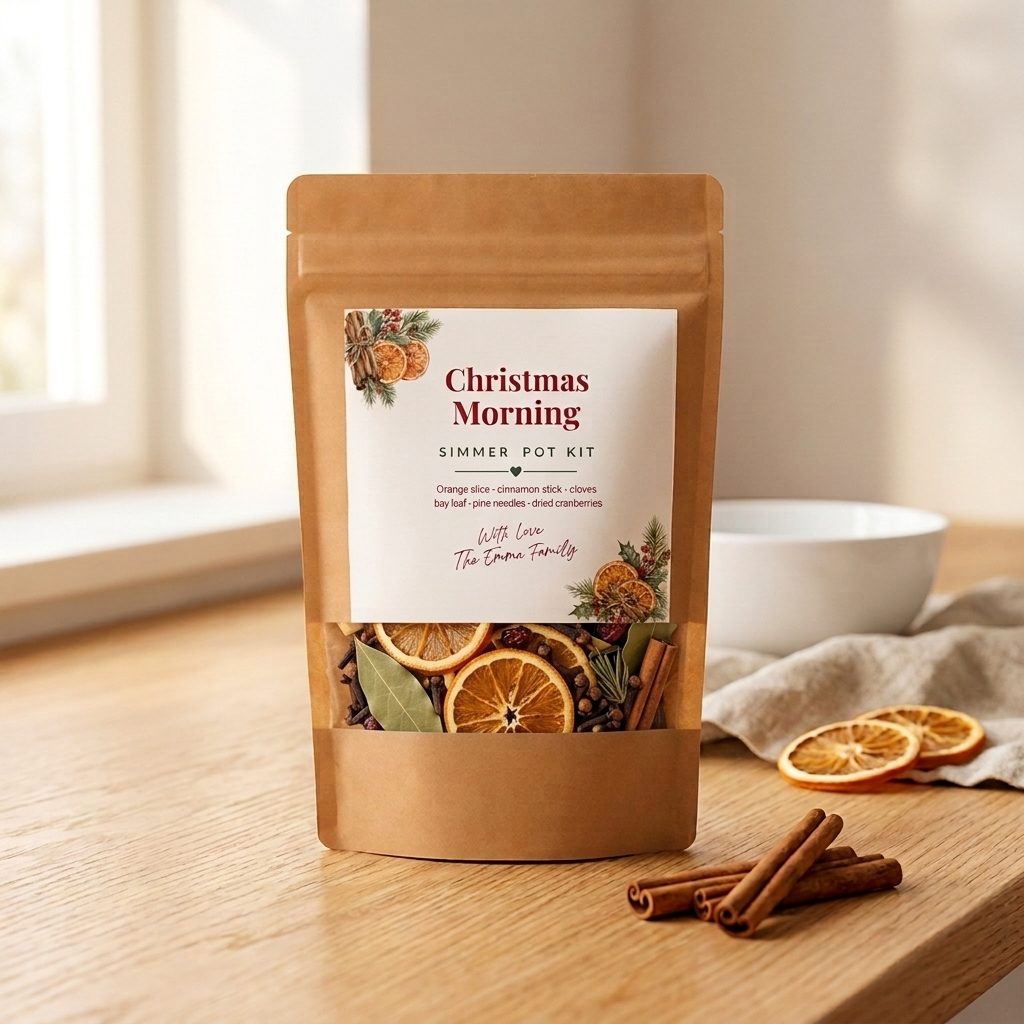 A labelled kraft simmer pot pouch standing on a wooden kitchen counter beside cinnamon sticks