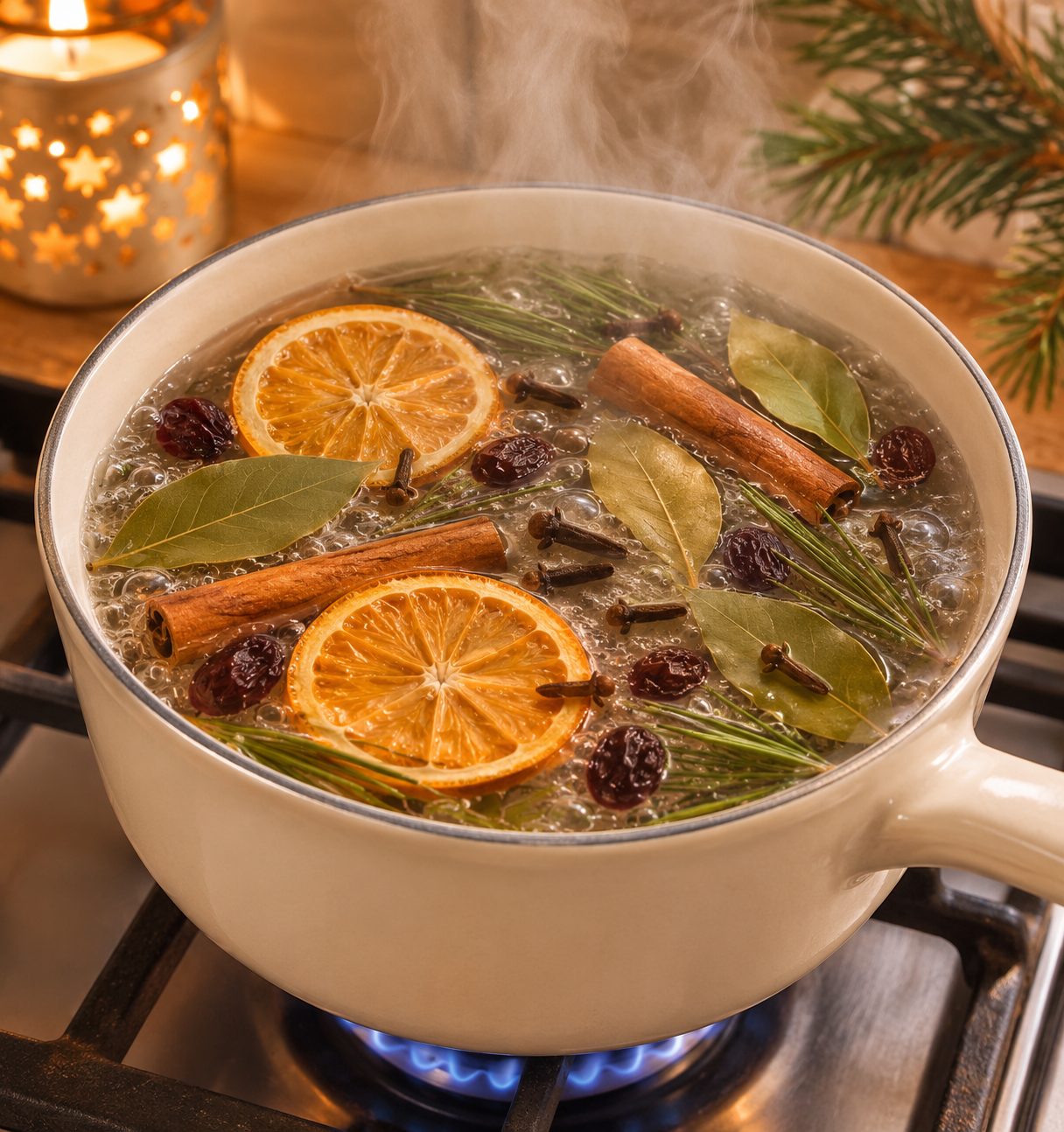 Dried orange slices, cinnamon sticks, bay leaves, cloves and cranberries simmering in a pot of water on a stove